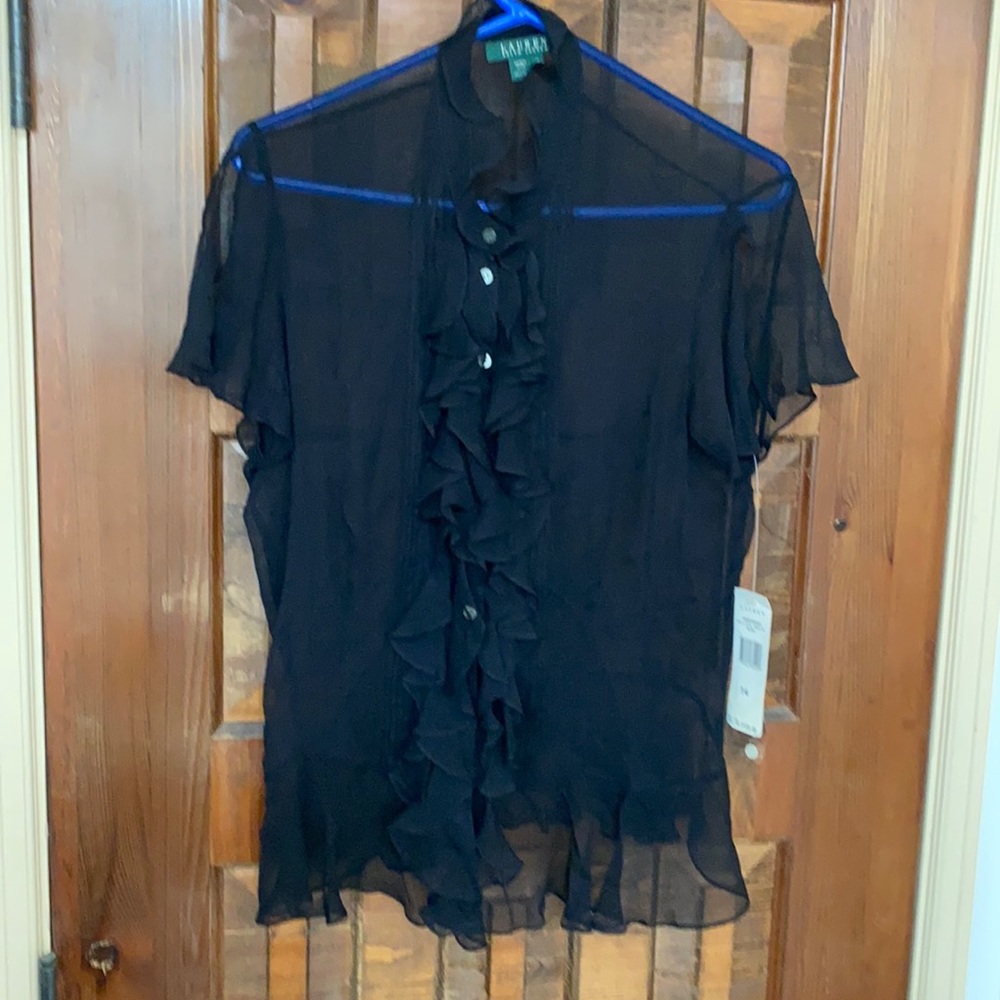 Ralph Lauren Black Ruffle Front Sheer Blouse